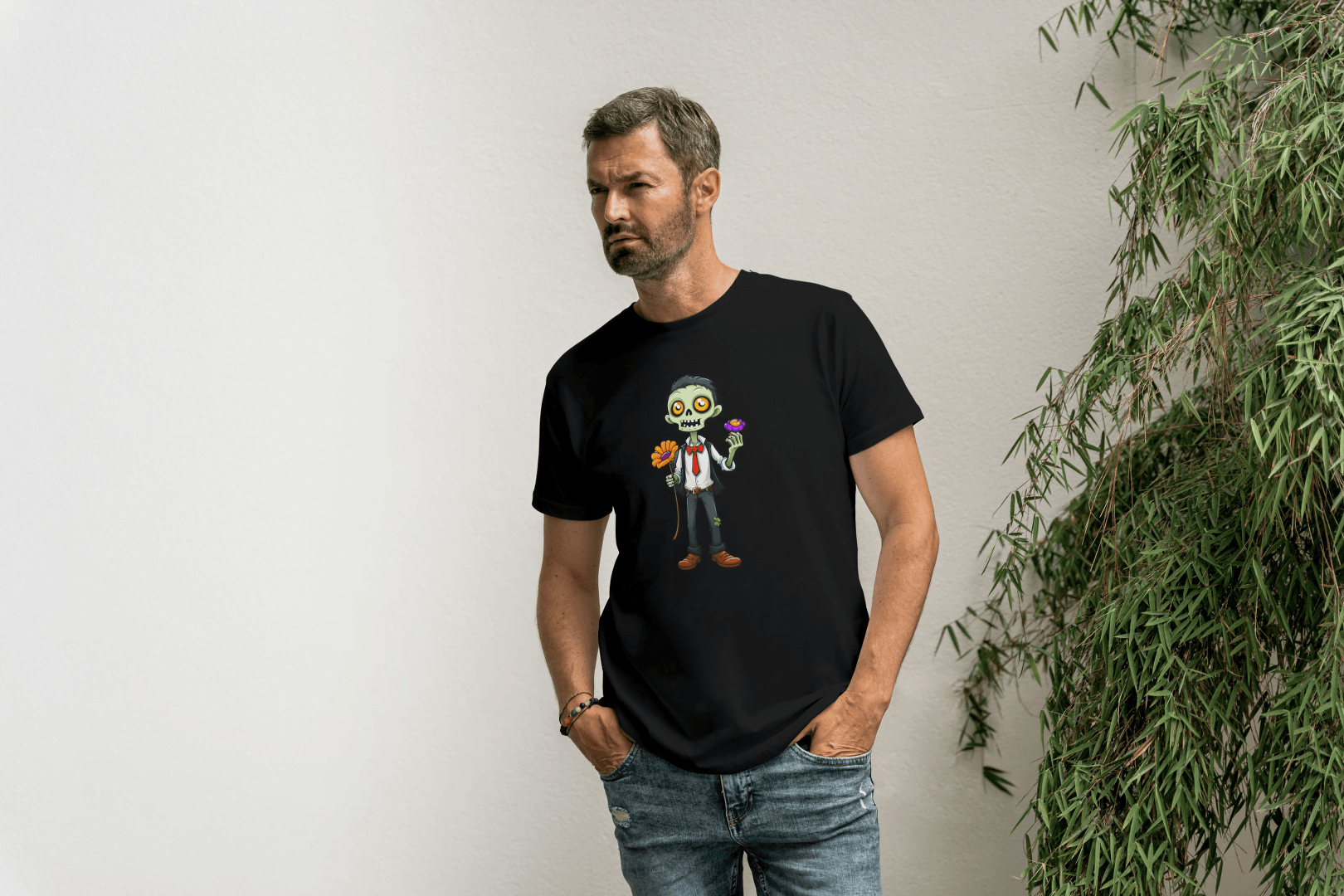 Cute Zombie with Flower: Funny Cartoon Tee - Essentia Attire