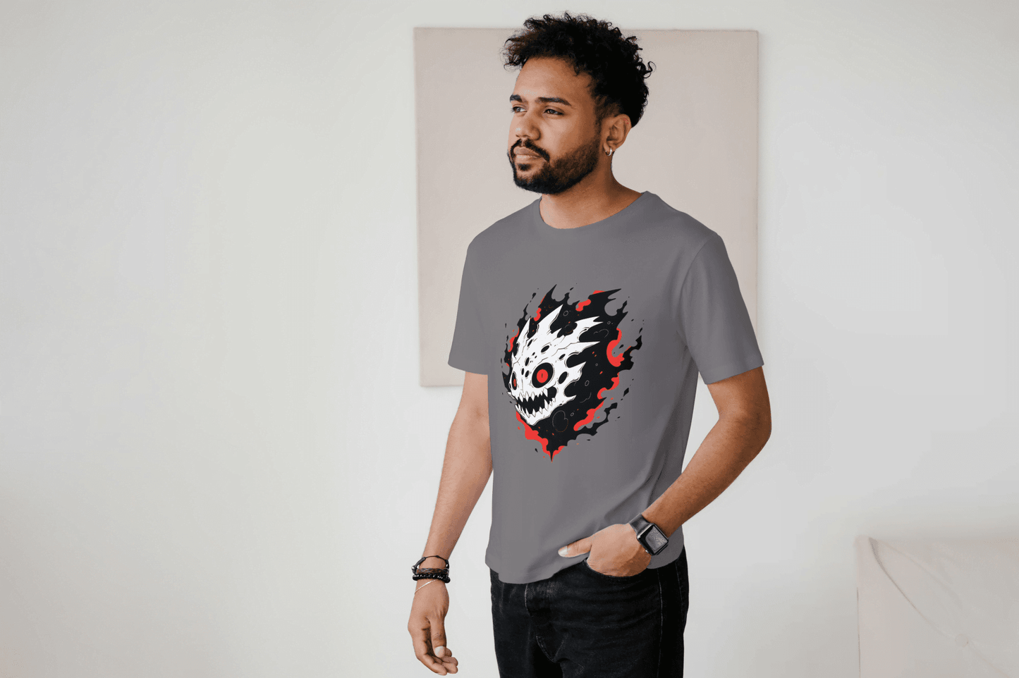 Fiery Skull Graphic: Edgy Demon Skull Tee - Essentia Attire