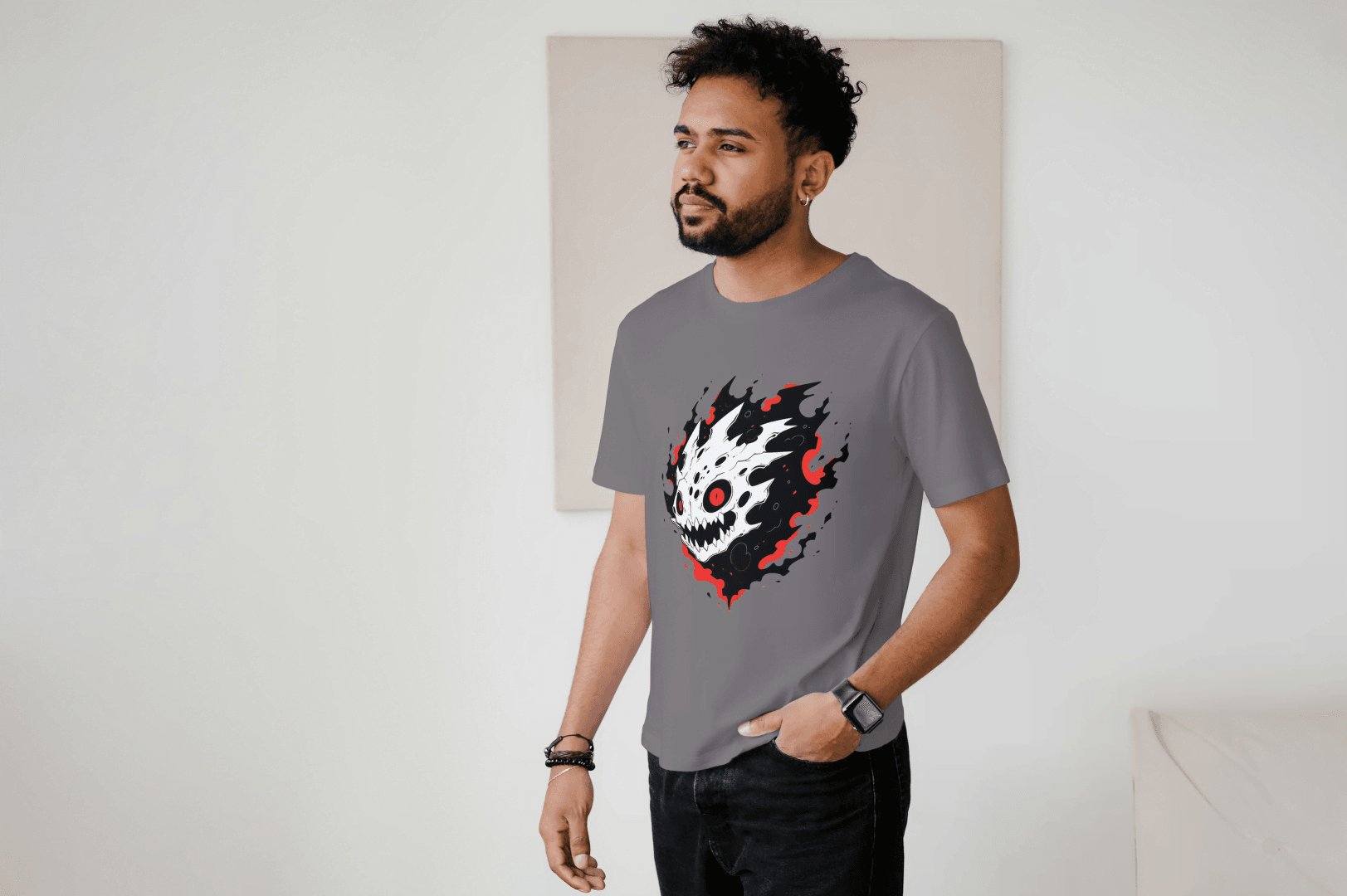 Fiery Skull Graphic: Edgy Demon Skull Tee - Essentia Attire