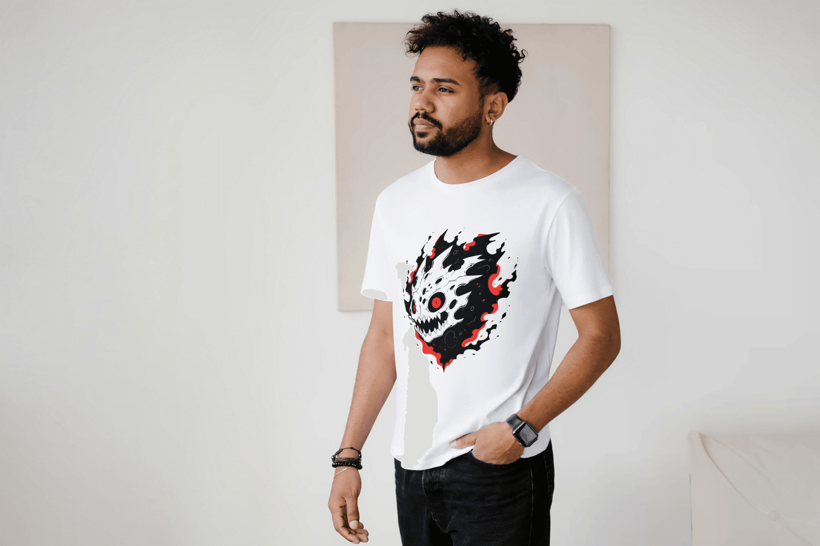 Fiery Skull Graphic: Edgy Demon Skull Tee - Essentia Attire