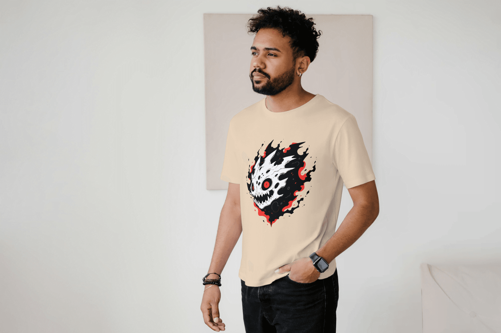 Fiery Skull Graphic: Edgy Demon Skull Tee - Essentia Attire