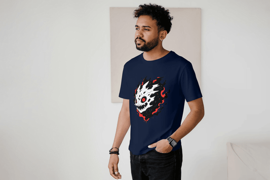 Fiery Skull Graphic: Edgy Demon Skull Tee - Essentia Attire