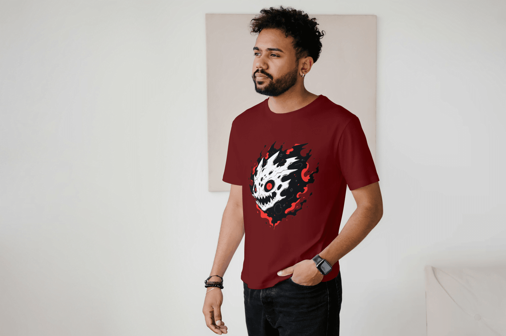 Fiery Skull Graphic: Edgy Demon Skull Tee - Essentia Attire