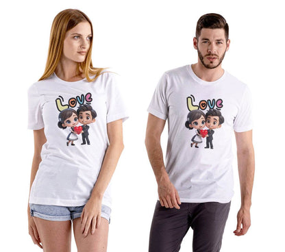 Cute Cartoon Couple Love: Unisex Romantic Graphic Tee - Essentia Attire