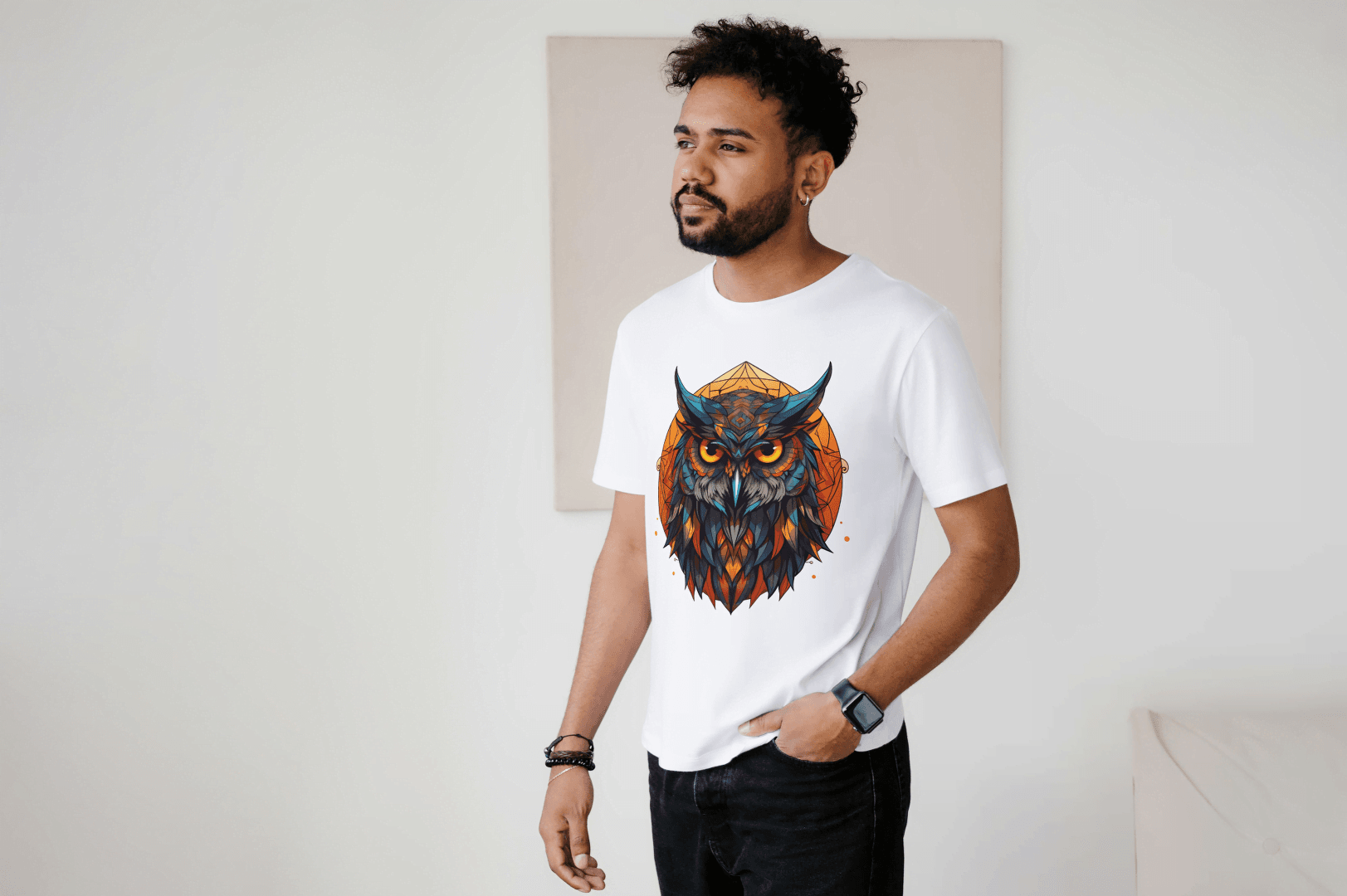 Geometric Owl: Vibrant Wisdom Graphic Tee - Essentia Attire