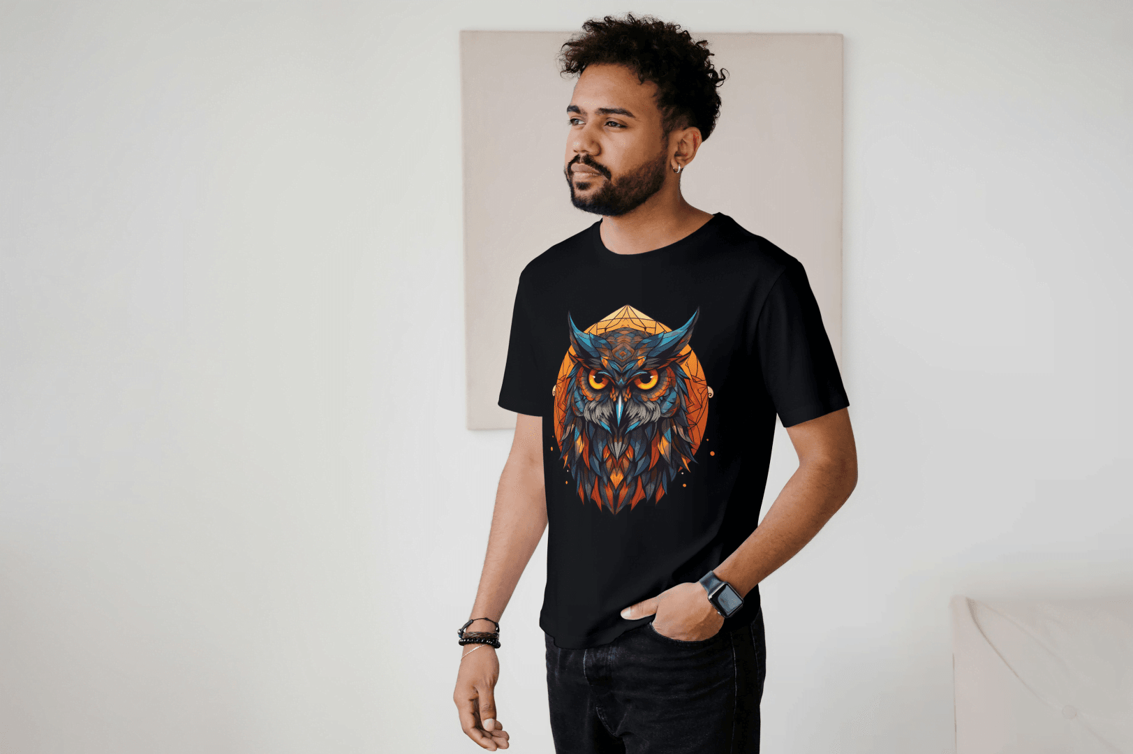 Geometric Owl: Vibrant Wisdom Graphic Tee - Essentia Attire