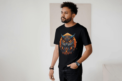 Geometric Owl: Vibrant Wisdom Graphic Tee - Essentia Attire