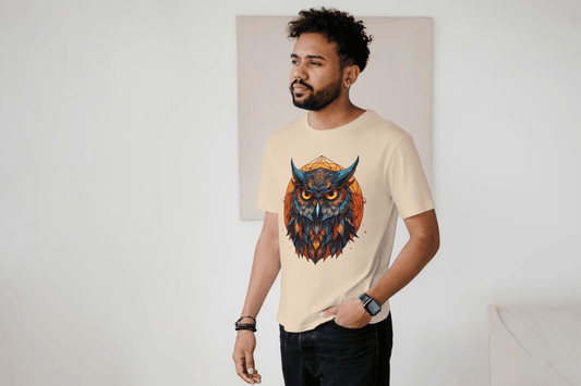 Geometric Owl: Vibrant Wisdom Graphic Tee - Essentia Attire