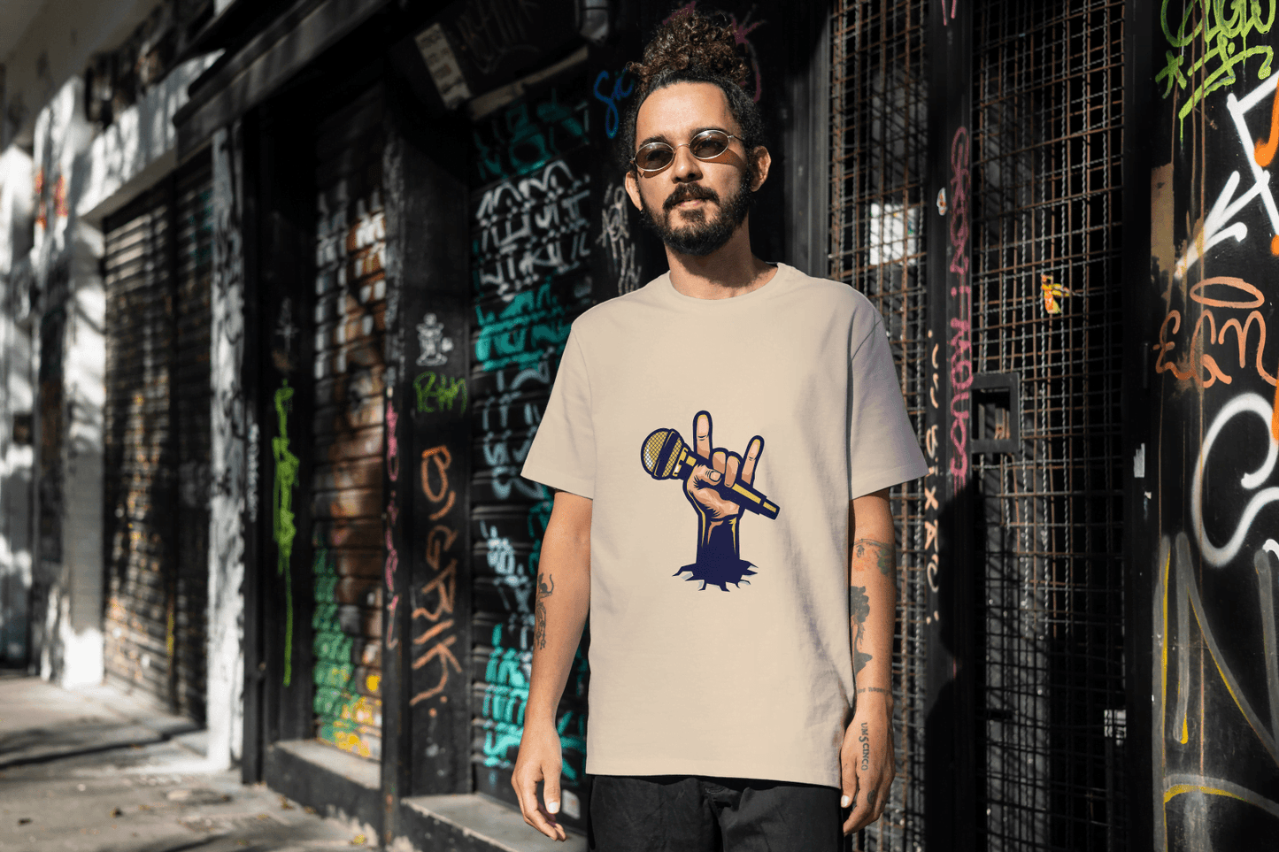 Men's Rock Hand with Mic Tee: Quirky Concert Fan Top - Essentia Attire