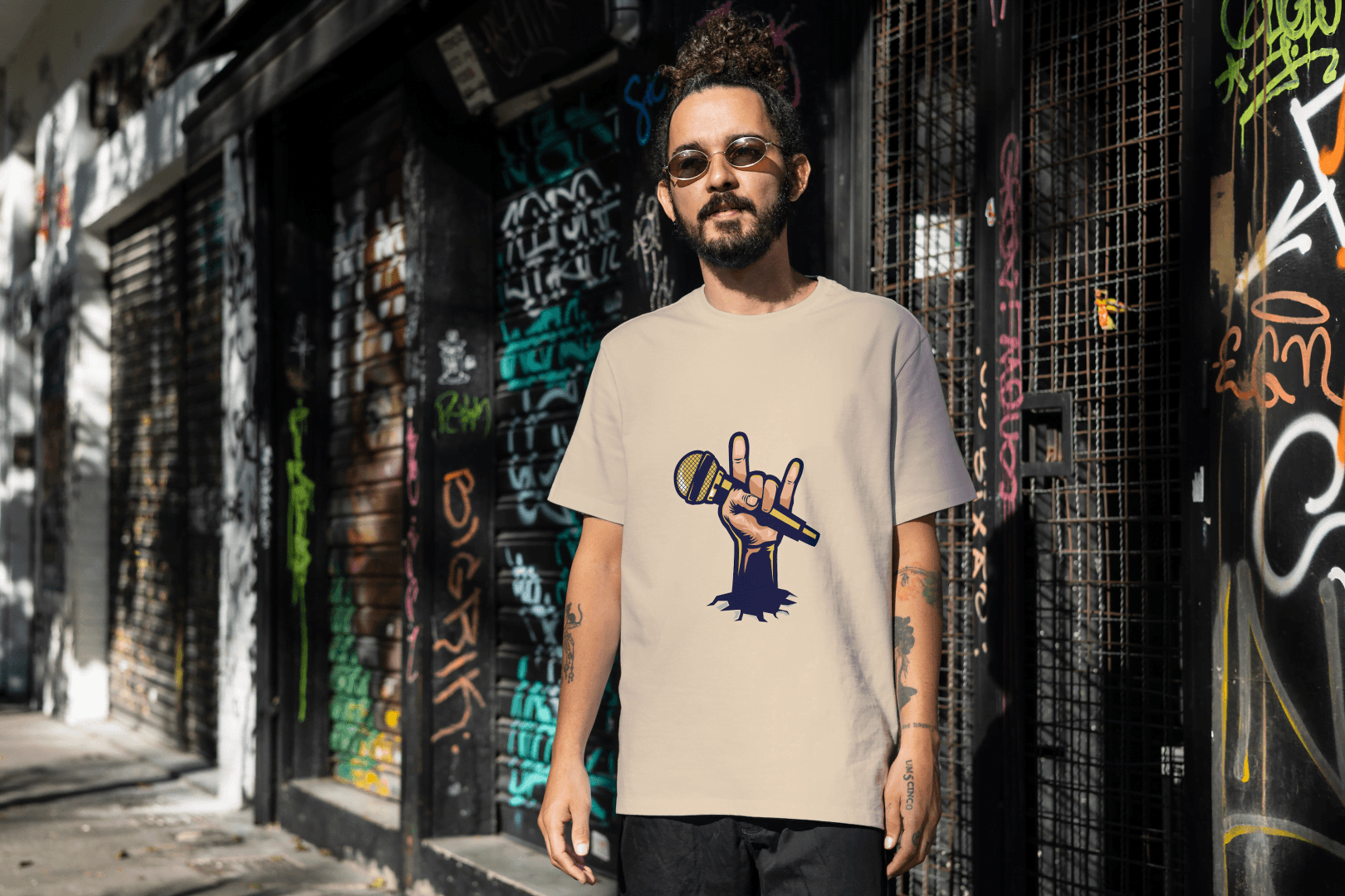 Men's Rock Hand with Mic Tee: Quirky Concert Fan Top - Essentia Attire