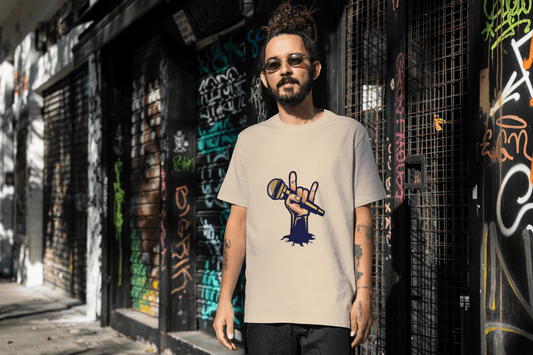 Men's Rock Hand with Mic Tee: Quirky Concert Fan Top - Essentia Attire