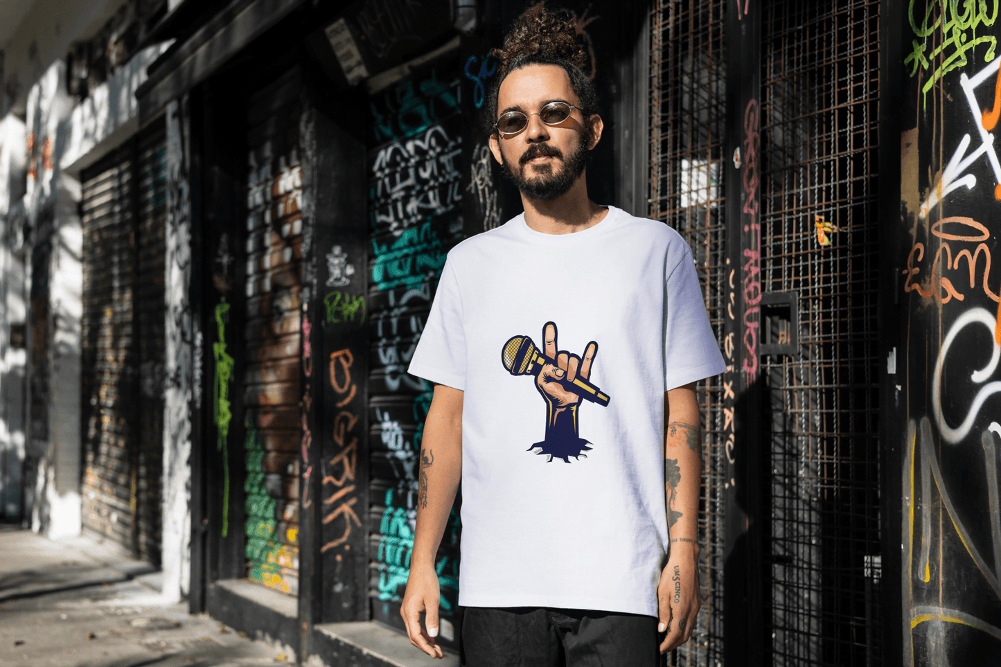 Men's Rock Hand with Mic Tee: Quirky Concert Fan Top - Essentia Attire
