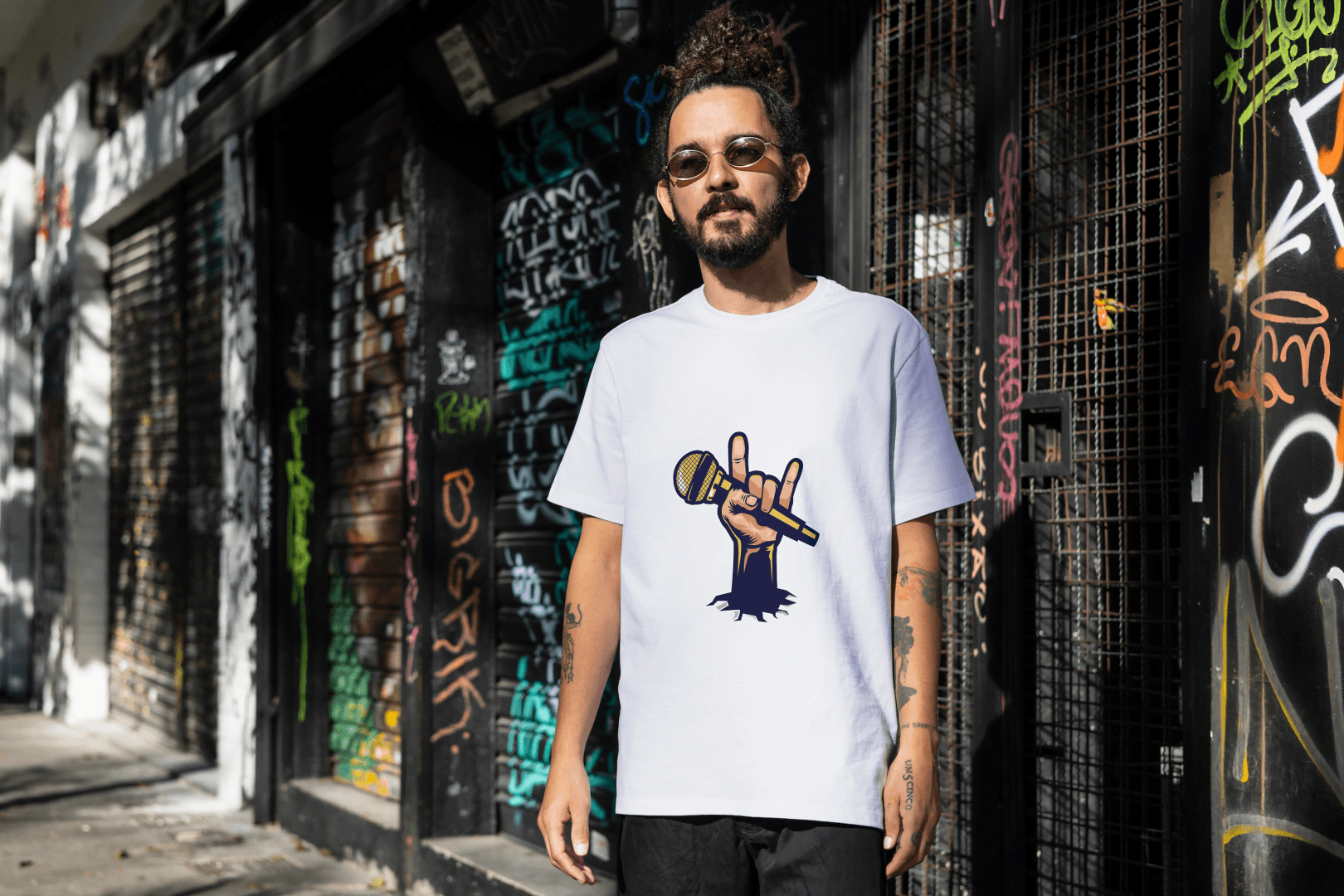 Men's Rock Hand with Mic Tee: Quirky Concert Fan Top - Essentia Attire
