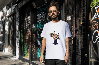 Men's Rock Hand with Mic Tee: Quirky Concert Fan Top - Essentia Attire