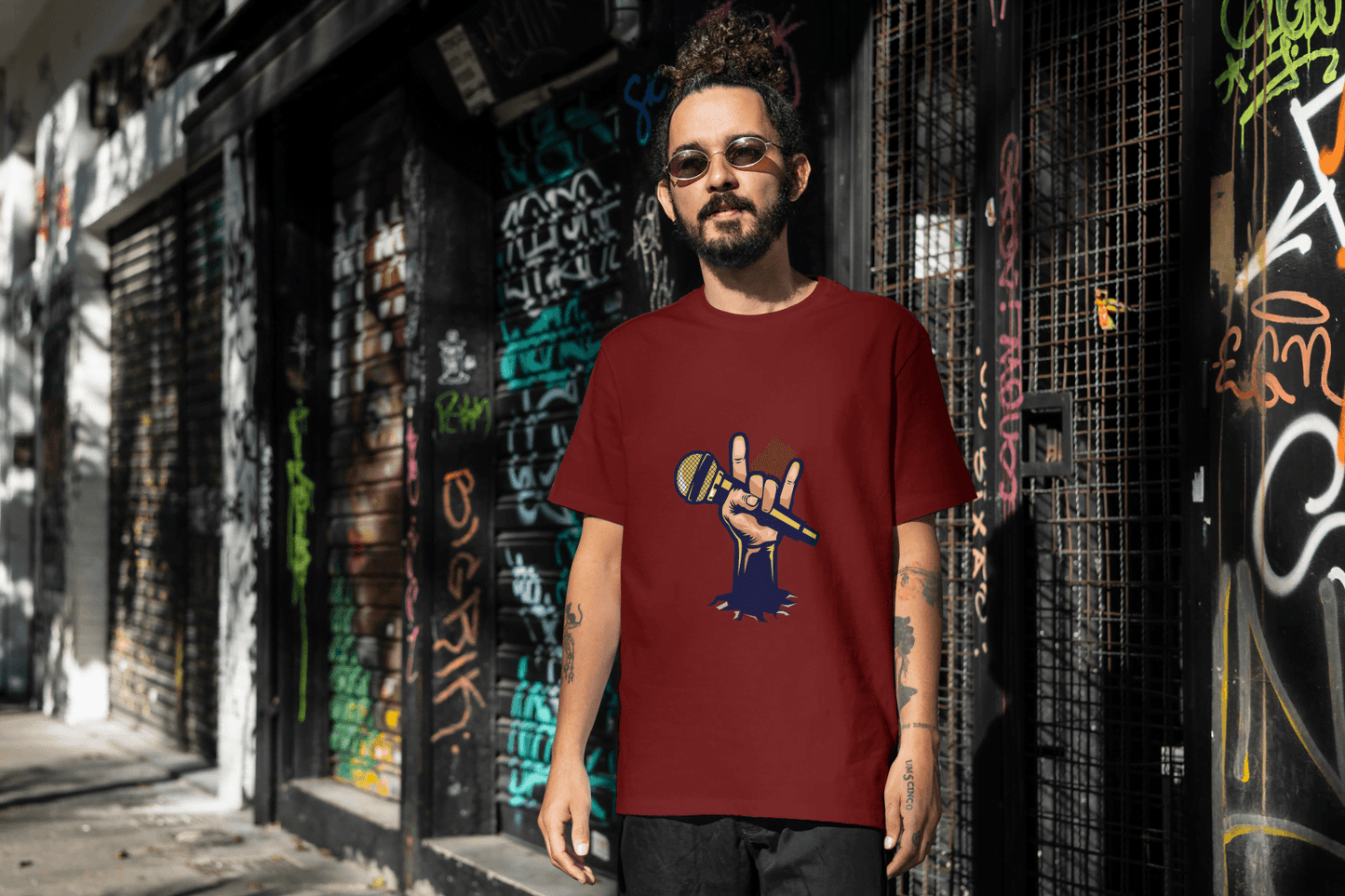 Men's Rock Hand with Mic Tee: Quirky Concert Fan Top - Essentia Attire