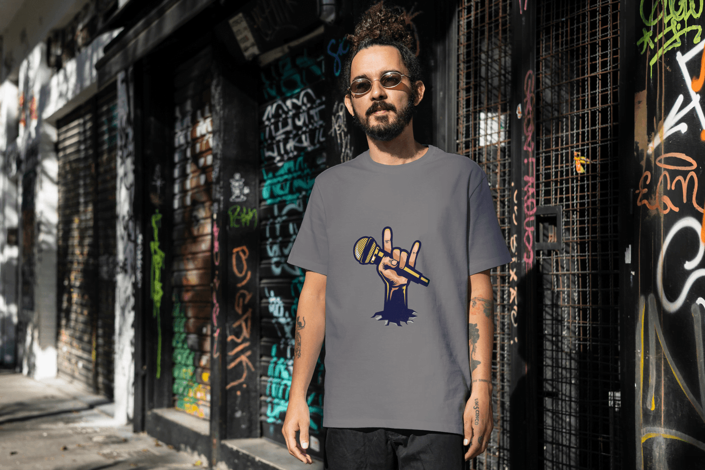 Men's Rock Hand with Mic Tee: Quirky Concert Fan Top - Essentia Attire