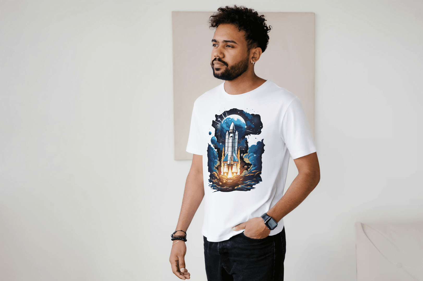 Space Shuttle Launch: Cosmic Nebula Graphic Tee - Essentia Attire