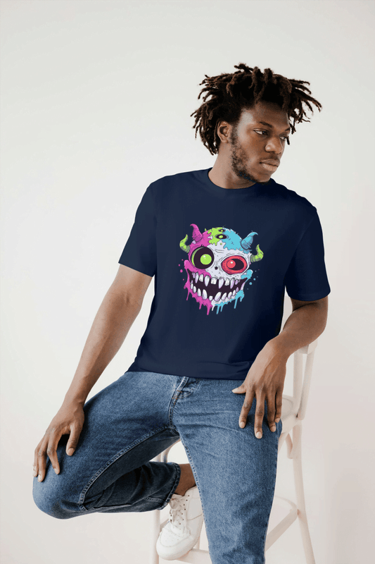 Vibrant Monster Head: Colorful Creature Graphic Tee - Essentia Attire