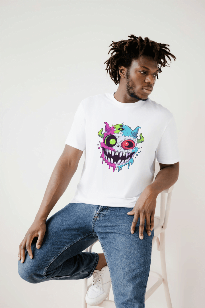 Vibrant Monster Head: Colorful Creature Graphic Tee - Essentia Attire