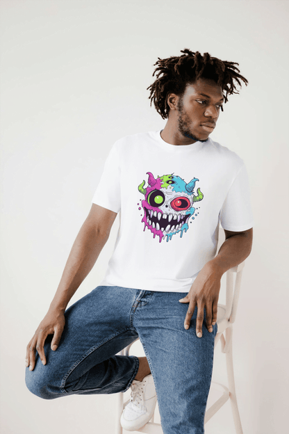 Vibrant Monster Head: Colorful Creature Graphic Tee - Essentia Attire