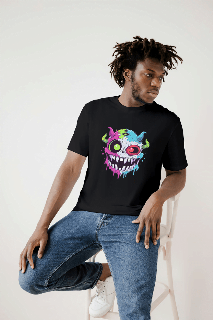 Vibrant Monster Head: Colorful Creature Graphic Tee - Essentia Attire