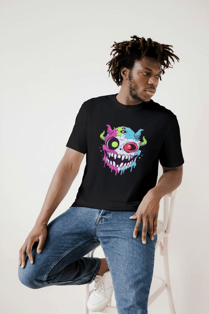 Vibrant Monster Head: Colorful Creature Graphic Tee - Essentia Attire