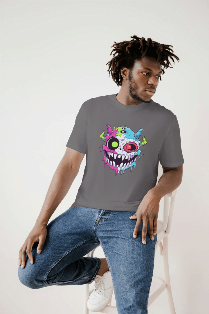 Vibrant Monster Head: Colorful Creature Graphic Tee - Essentia Attire