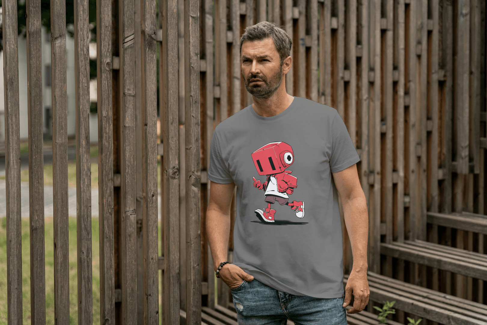 Cute Red Robot: Funny Cartoon Character Tee - Essentia Attire
