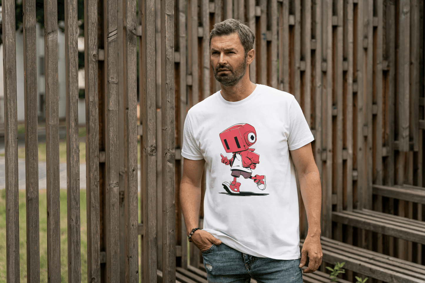Cute Red Robot: Funny Cartoon Character Tee - Essentia Attire