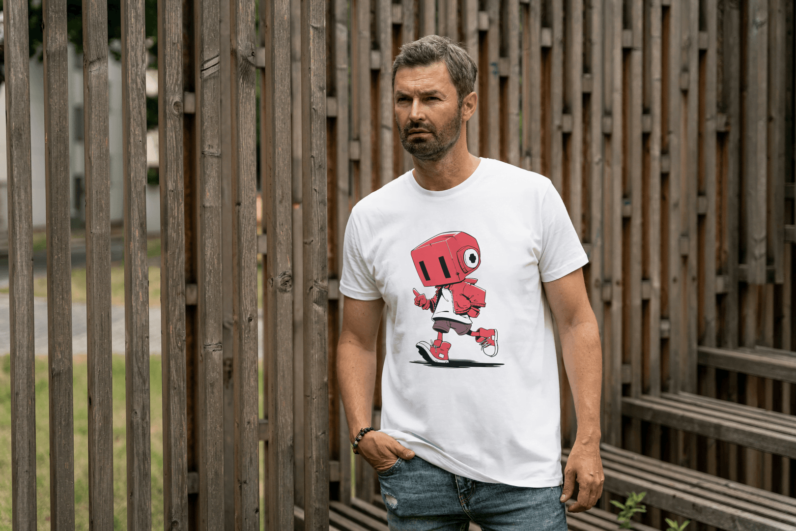 Cute Red Robot: Funny Cartoon Character Tee - Essentia Attire