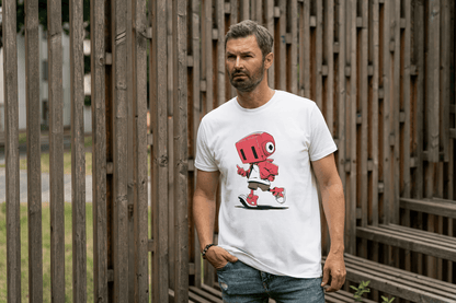 Cute Red Robot: Funny Cartoon Character Tee - Essentia Attire