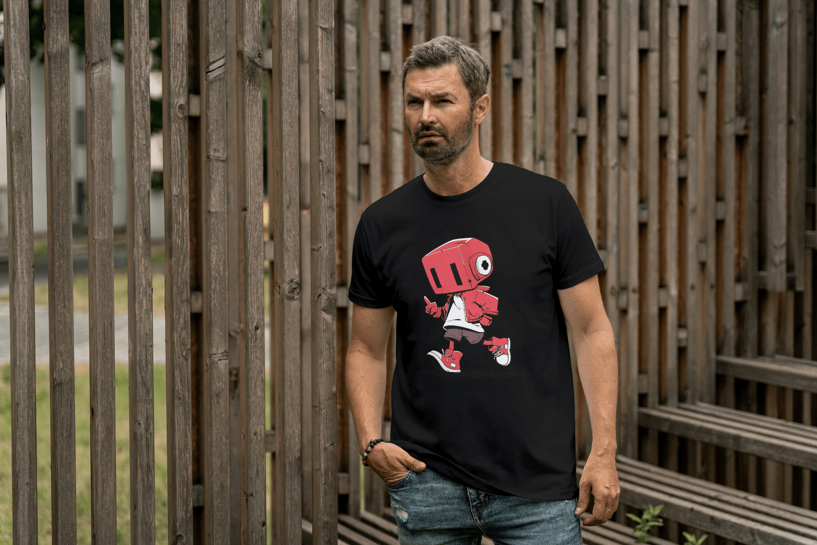 Cute Red Robot: Funny Cartoon Character Tee - Essentia Attire