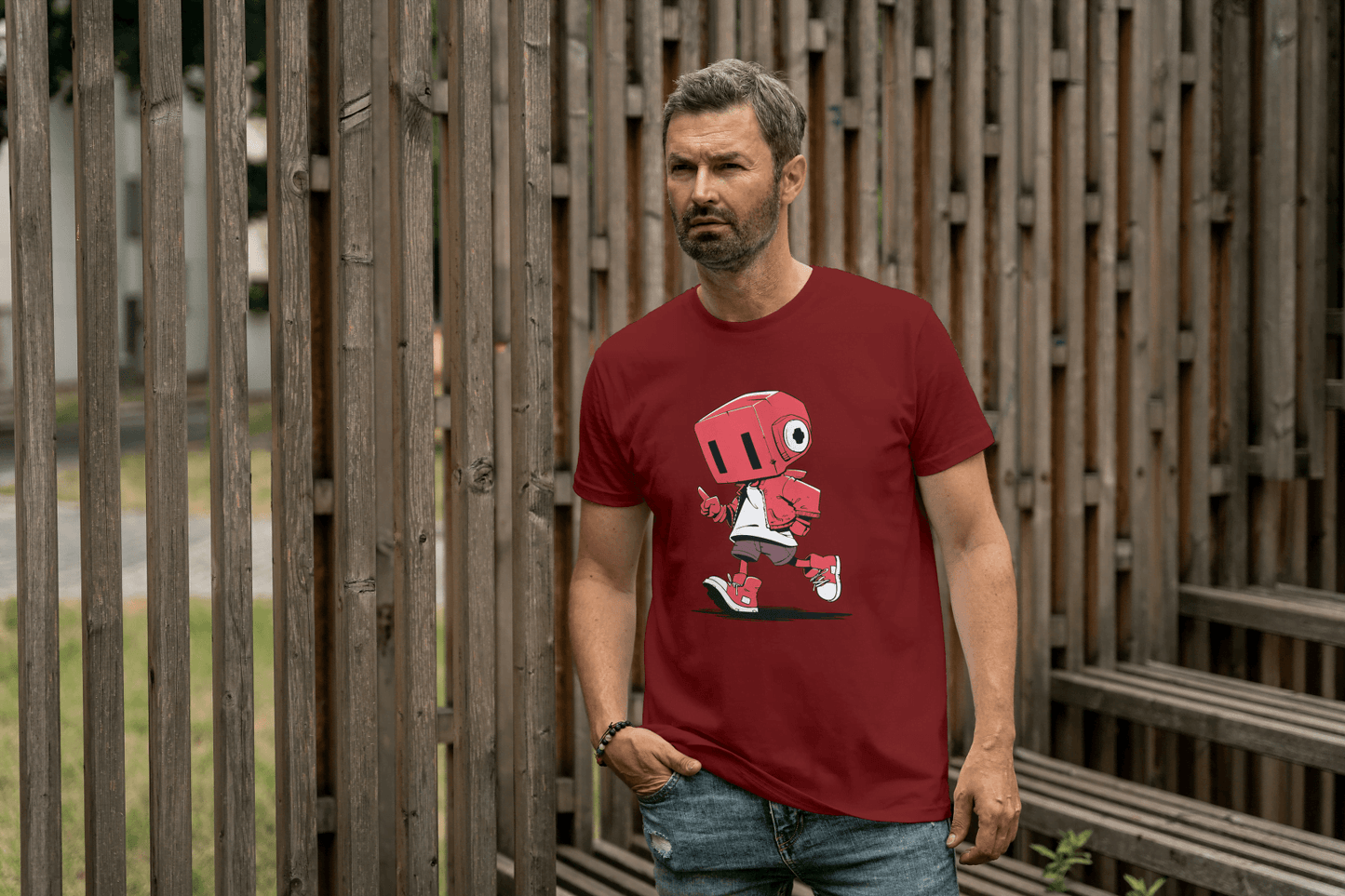 Cute Red Robot: Funny Cartoon Character Tee - Essentia Attire