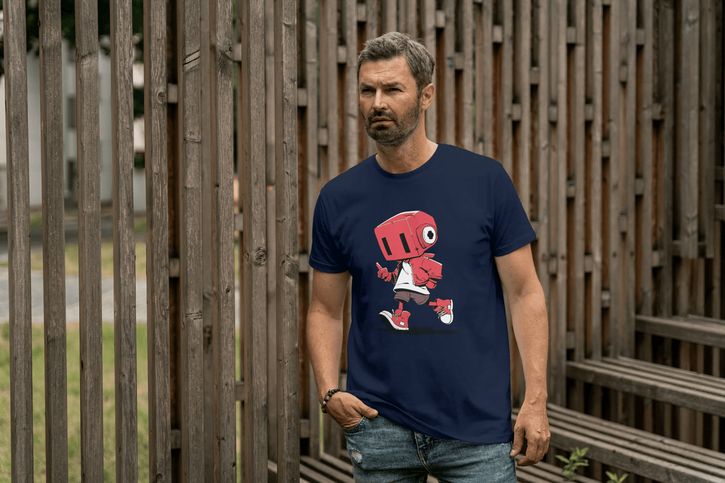 Cute Red Robot: Funny Cartoon Character Tee - Essentia Attire