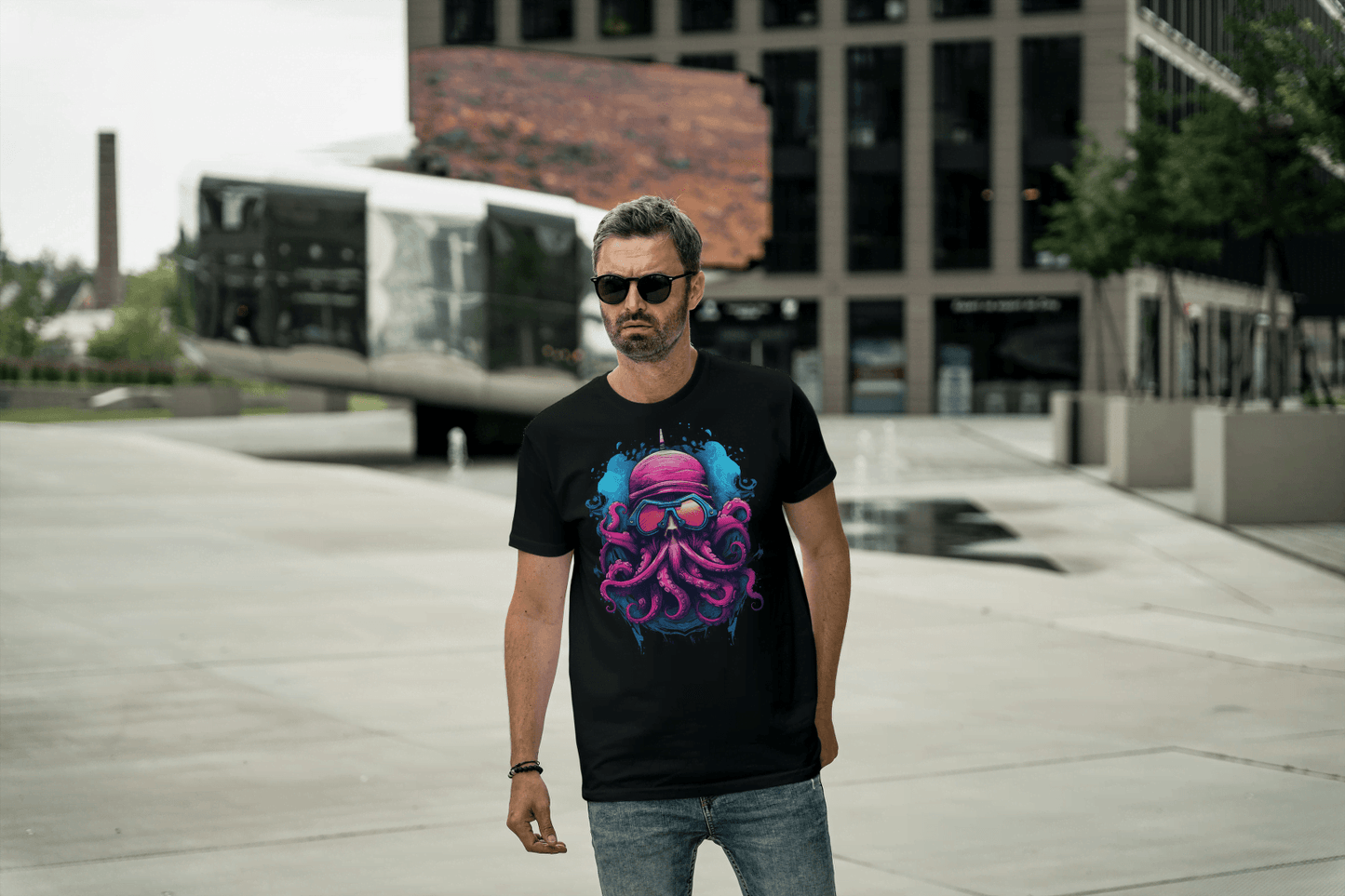Futuristic Octopus: Neon Cyberpunk Sea Creature Tee - Essentia Attire