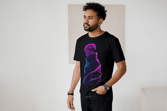Jujutsu Kaisen Sukuna Neon Art Black T-Shirt - Essentia Attire