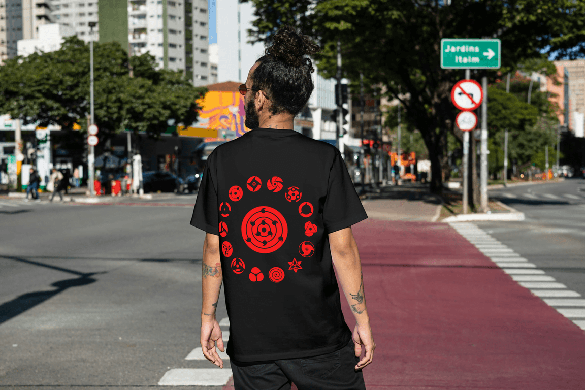 Naruto Mangekyo Sharingan Graphic T-shirt | Uchiha Clan Chakra Symbols - Essentia Attire