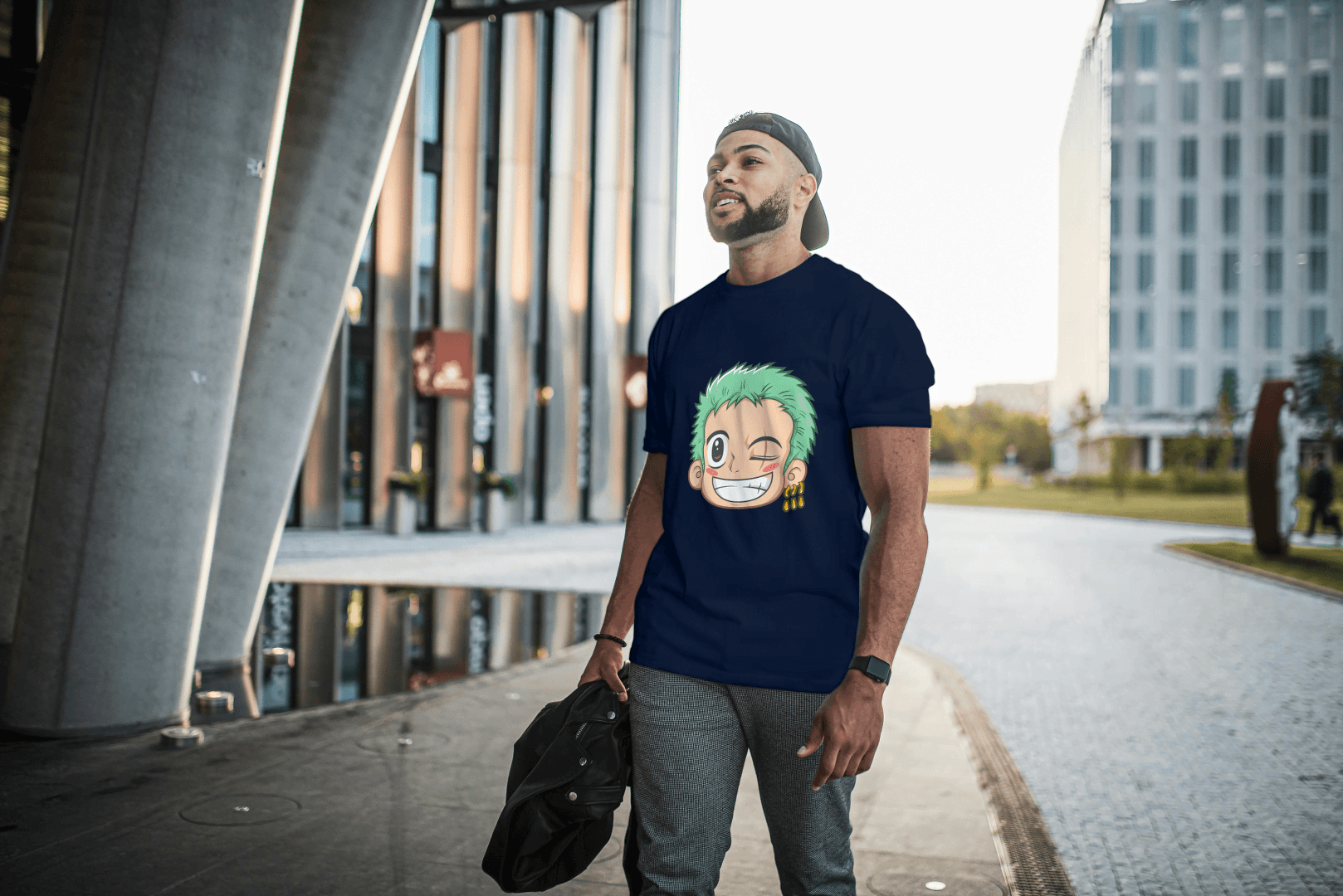 Anime Green Haired Swordsman Winking: Manga Style Fan Tee - Essentia Attire