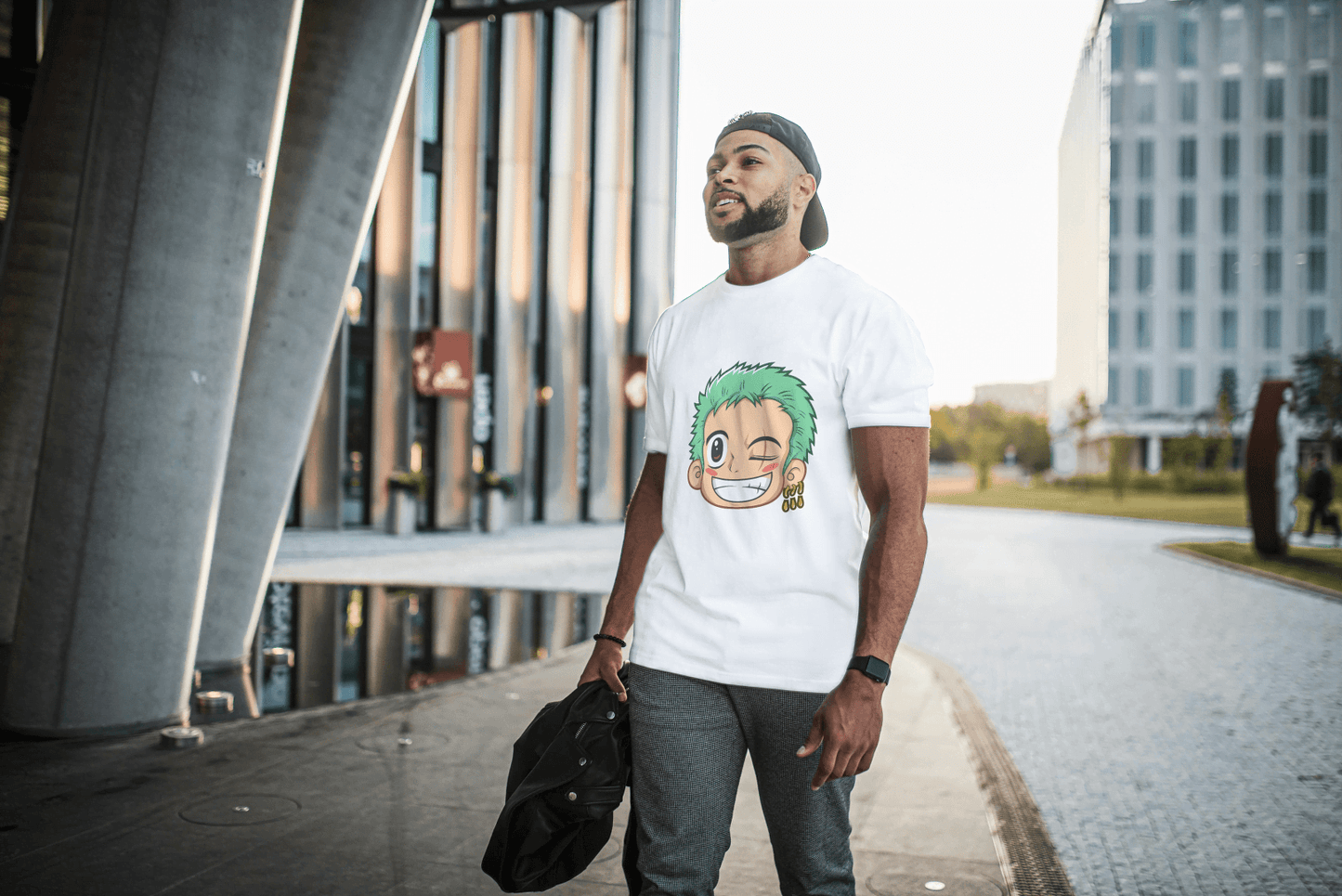 Anime Green Haired Swordsman Winking: Manga Style Fan Tee - Essentia Attire
