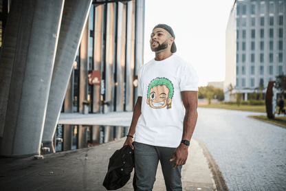 Anime Green Haired Swordsman Winking: Manga Style Fan Tee - Essentia Attire