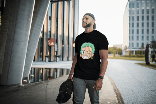Anime Green Haired Swordsman Winking: Manga Style Fan Tee - Essentia Attire