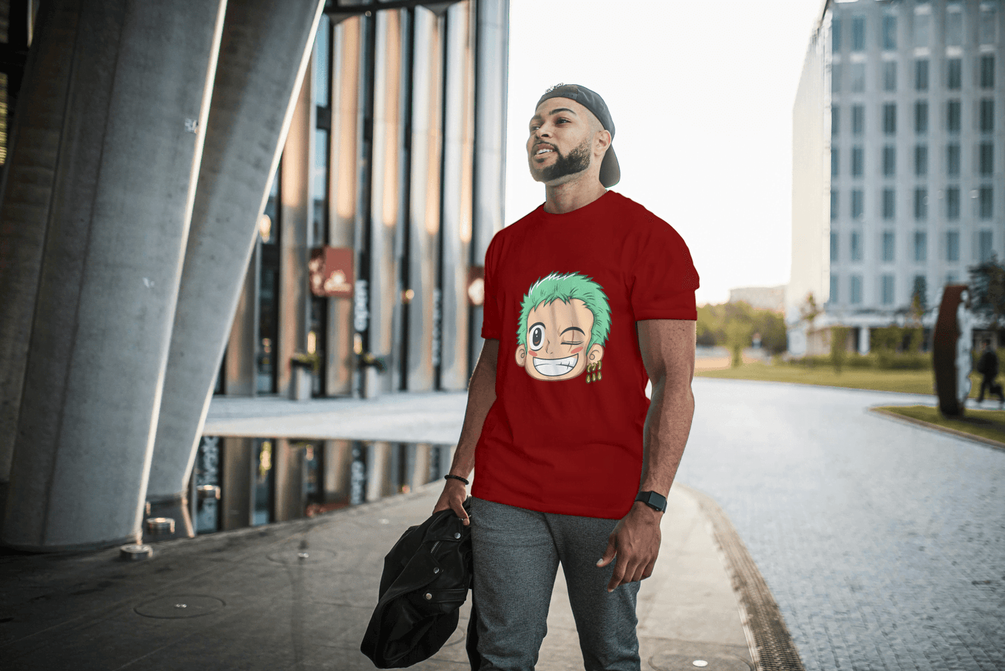 Anime Green Haired Swordsman Winking: Manga Style Fan Tee - Essentia Attire