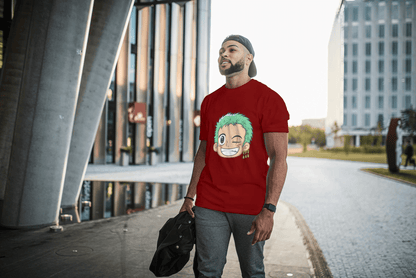 Anime Green Haired Swordsman Winking: Manga Style Fan Tee - Essentia Attire