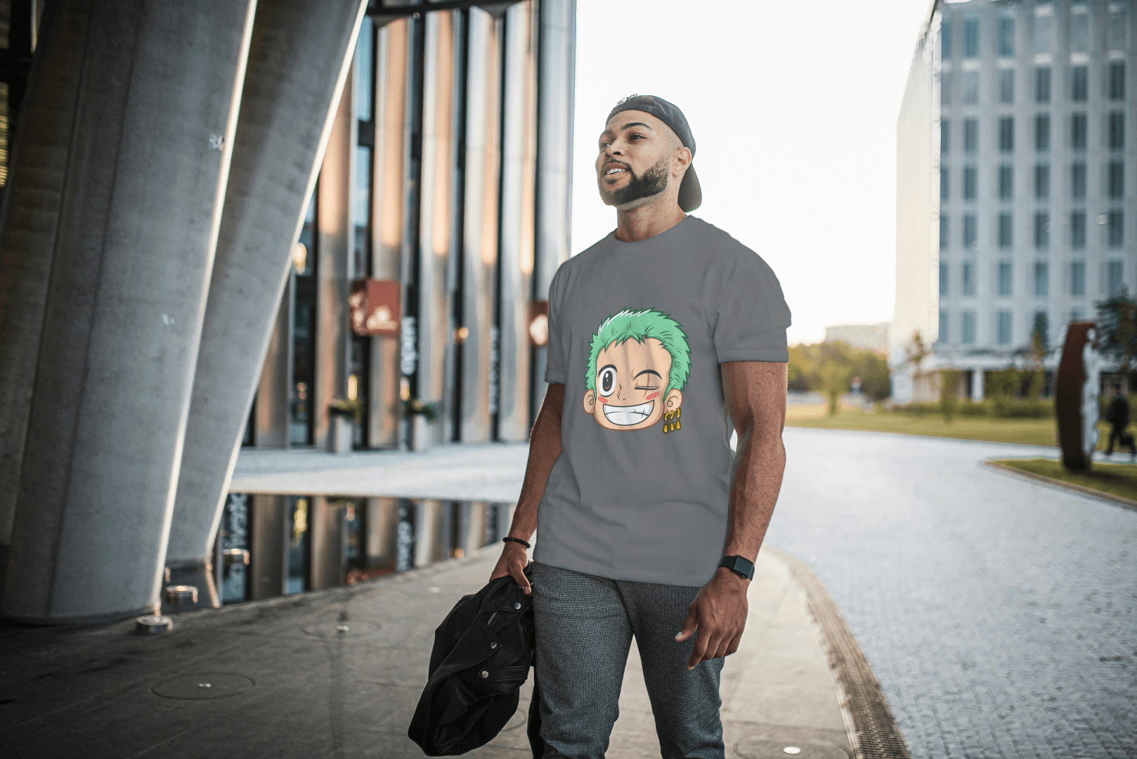 Anime Green Haired Swordsman Winking: Manga Style Fan Tee - Essentia Attire