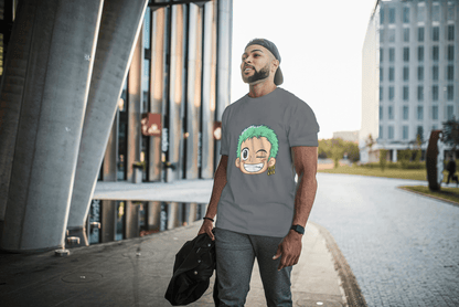 Anime Green Haired Swordsman Winking: Manga Style Fan Tee - Essentia Attire