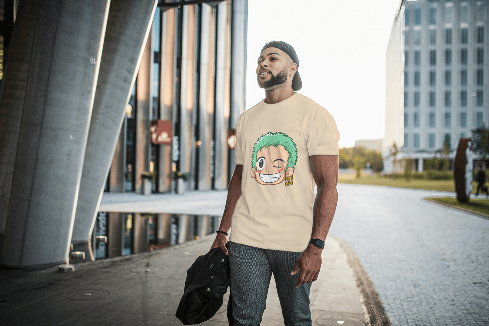 Anime Green Haired Swordsman Winking: Manga Style Fan Tee - Essentia Attire