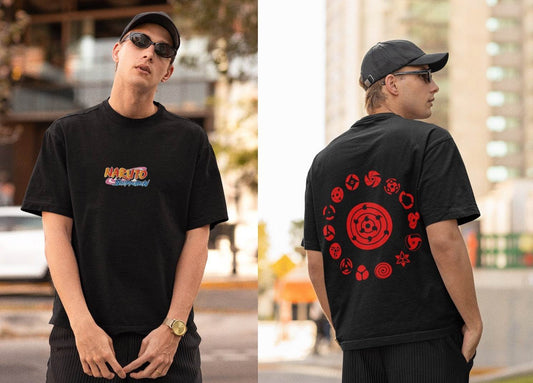 Naruto Mangekyo Sharingan Graphic Oversized T-shirt | Uchiha Clan Chakra Symbols - Essentia Attire