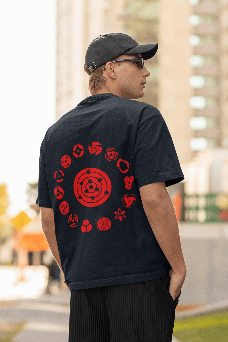 Naruto Mangekyo Sharingan Graphic Oversized T-shirt | Uchiha Clan Chakra Symbols - Essentia Attire