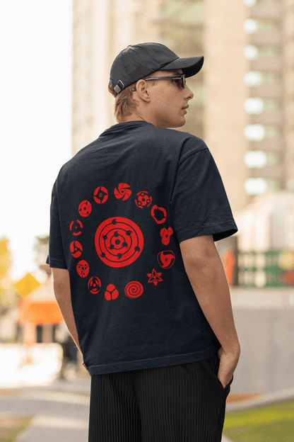 Naruto Mangekyo Sharingan Graphic Oversized T-shirt | Uchiha Clan Chakra Symbols - Essentia Attire