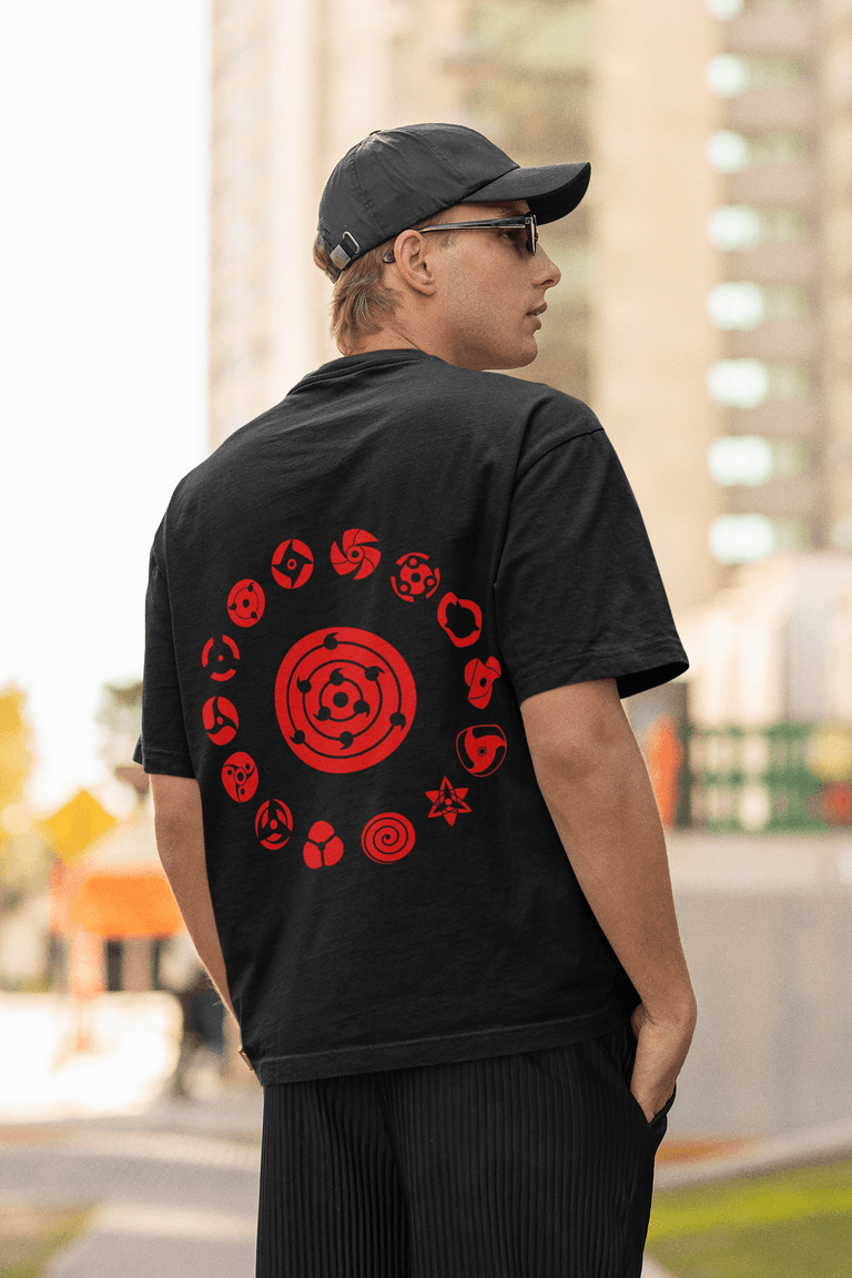 Naruto Mangekyo Sharingan Graphic Oversized T-shirt | Uchiha Clan Chakra Symbols - Essentia Attire